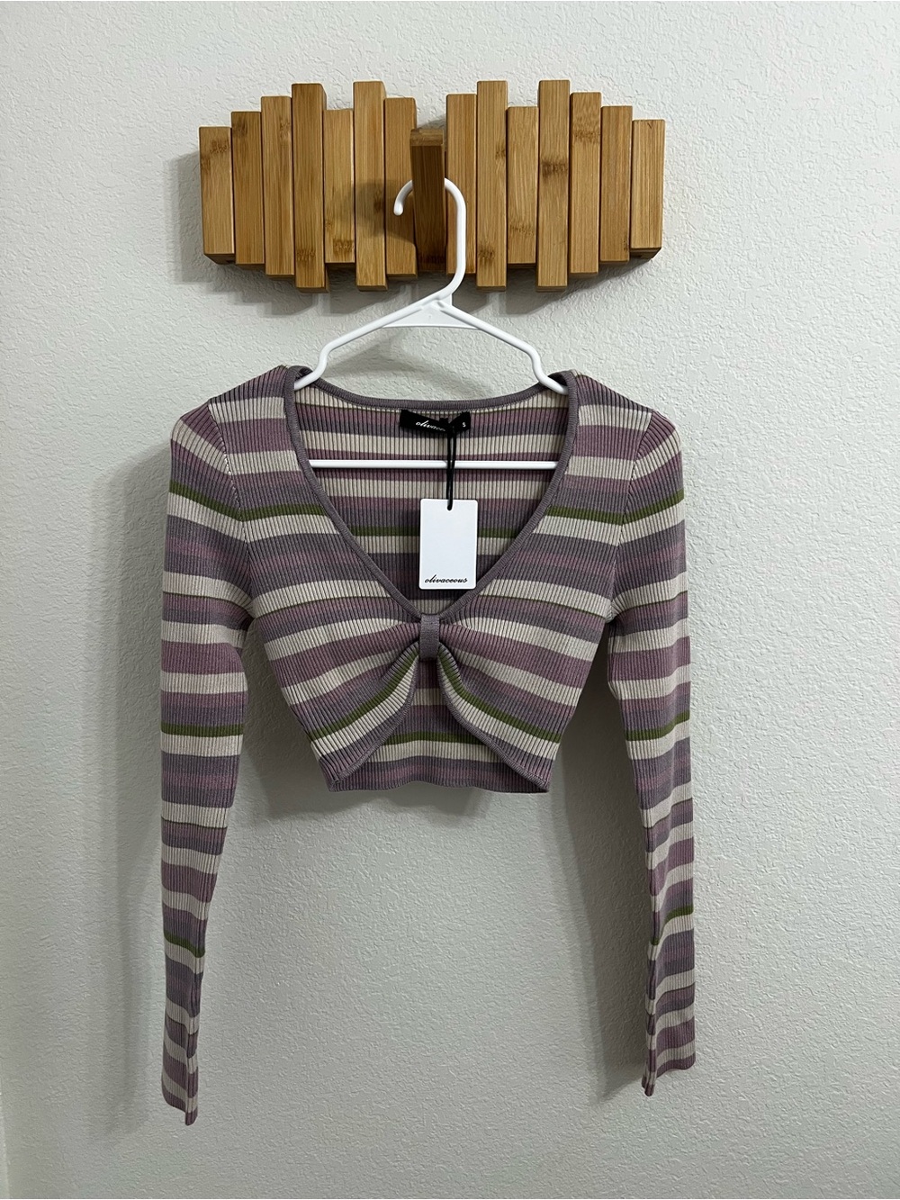 Olivaceous Striped Knot-Front Crop Top - Mauve, Olive & Cream